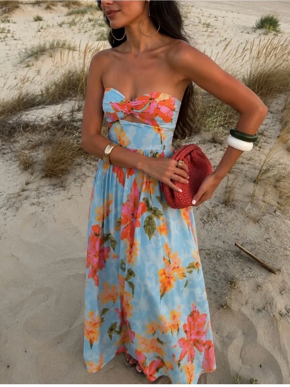 Zara NWT Strapless Floral Midi Dress in Sky Blue and Coral